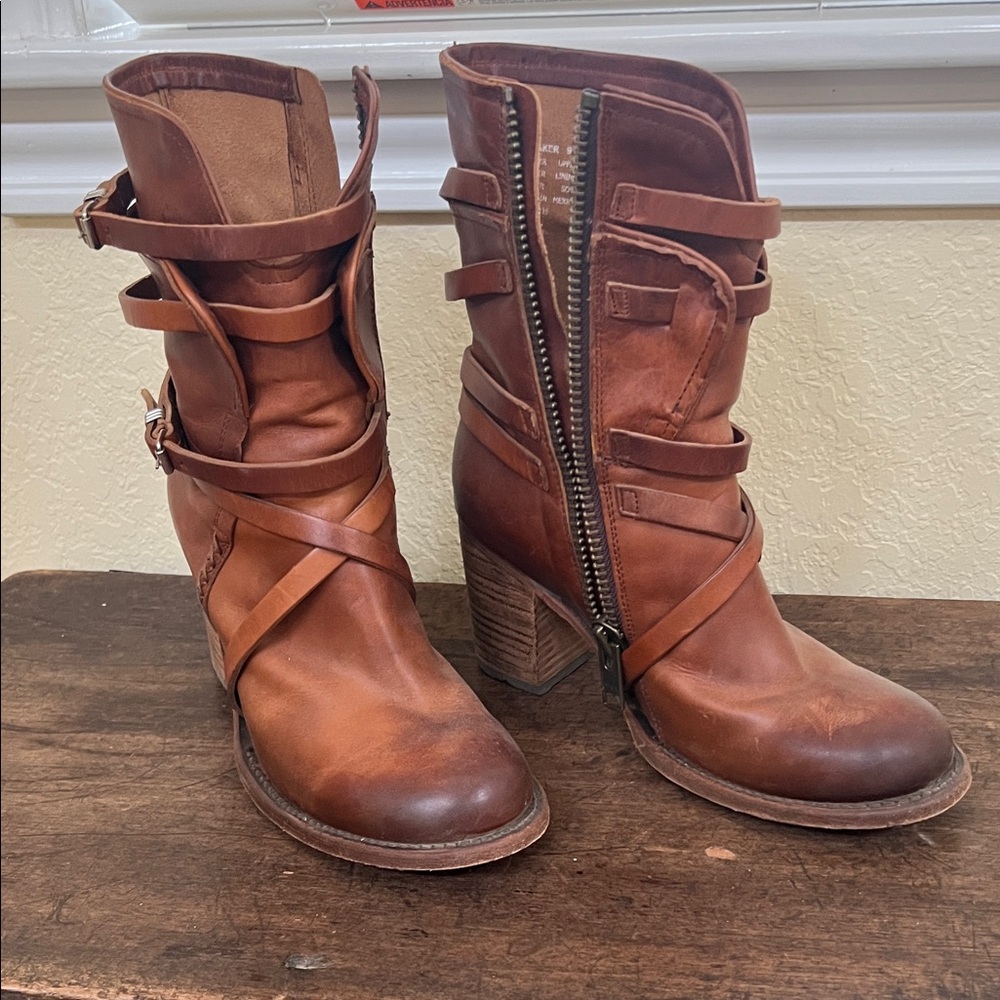 Freebird by Steven Brown Leather Strappy Mid-Calf Heeled Boots
